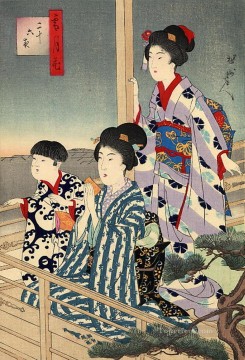 viendo desde un balcón Toyohara Chikanobu bijin okubi e Pinturas al óleo